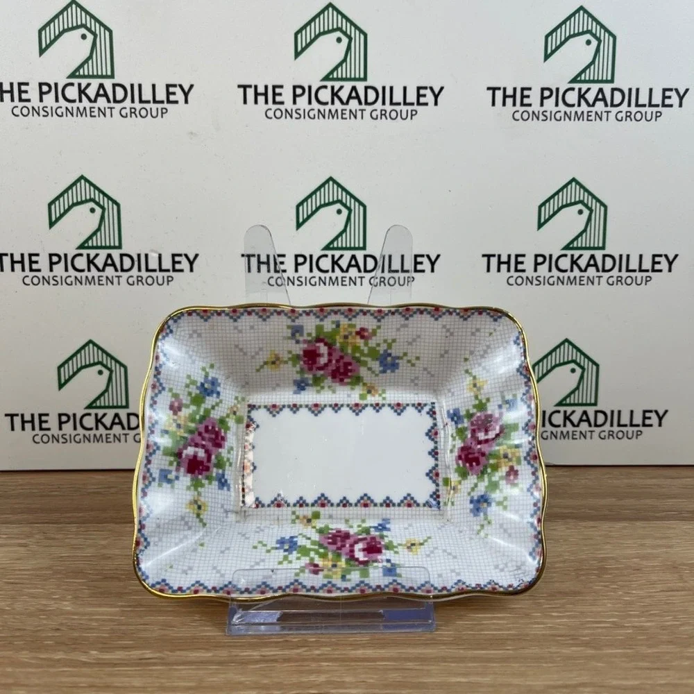 Royal Albert Petit Point China Trinket Dish Floral Cross Stitch England 778676